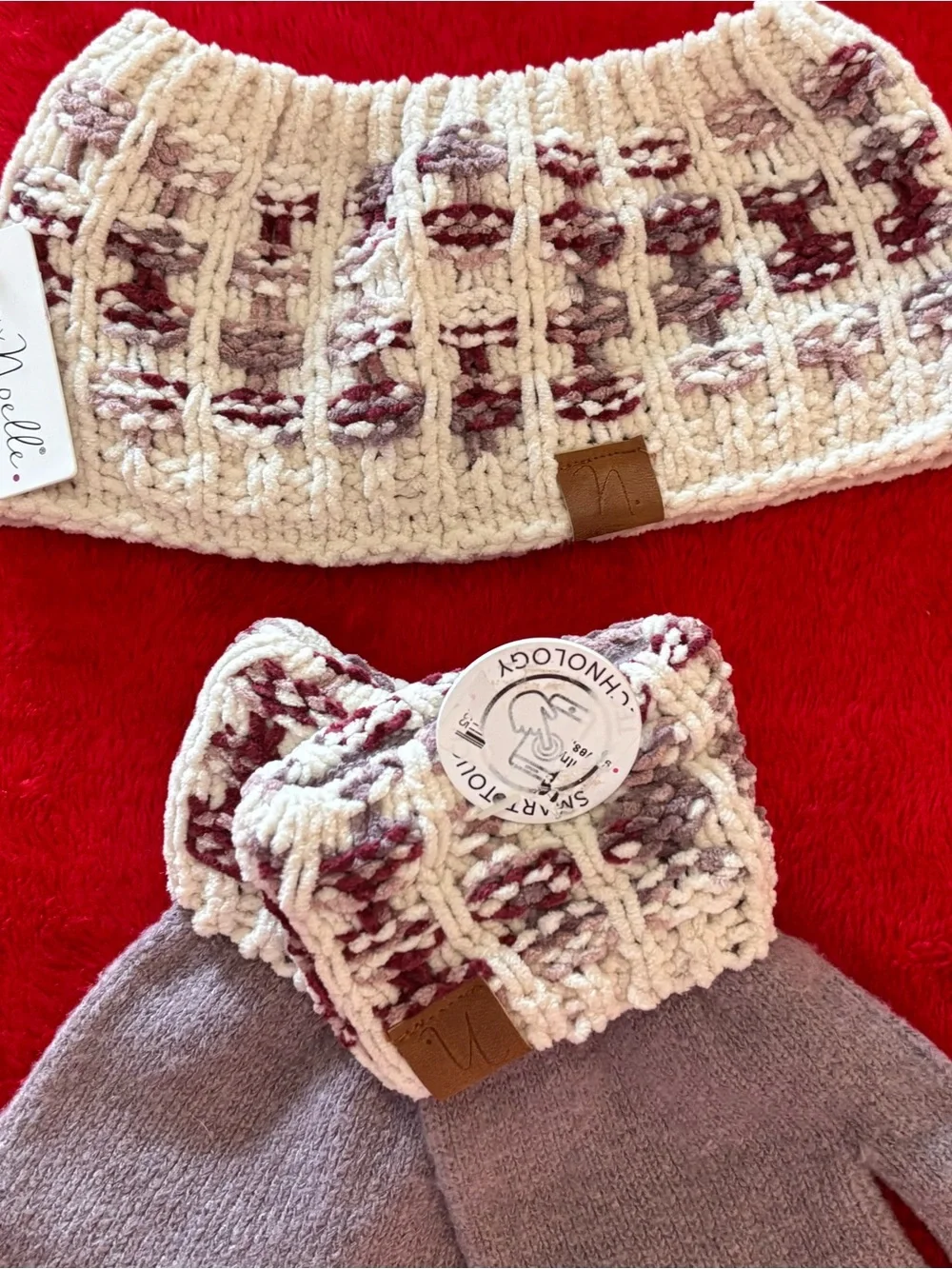 Cozy Comfort Matching Knit Headband & Gloves Set - Cream & Mauve